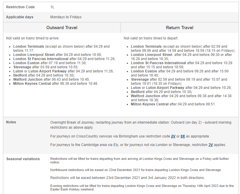 ticket restriction code showing off peak train times for a newcastle to london journey