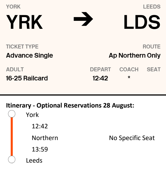 northern rail ticket where customer would need to use unreserved coach