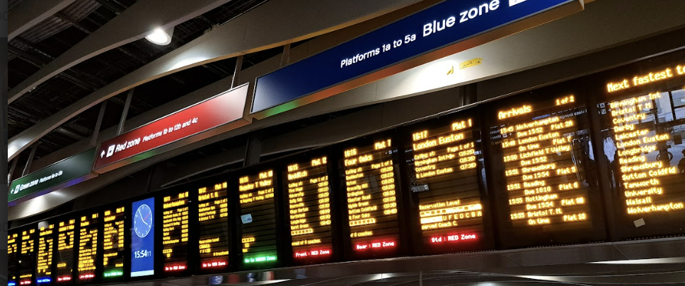 birmingham new street station boards showing which coloured zone to wait in