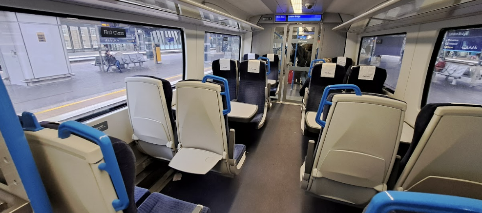 interior of first class on a thameslink train to gatwick airport