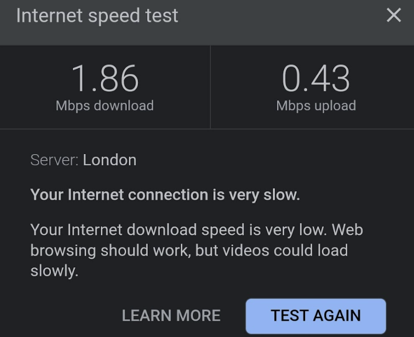 wifi speed on a thameslink train - image shows 1.86 megabits per second download speed