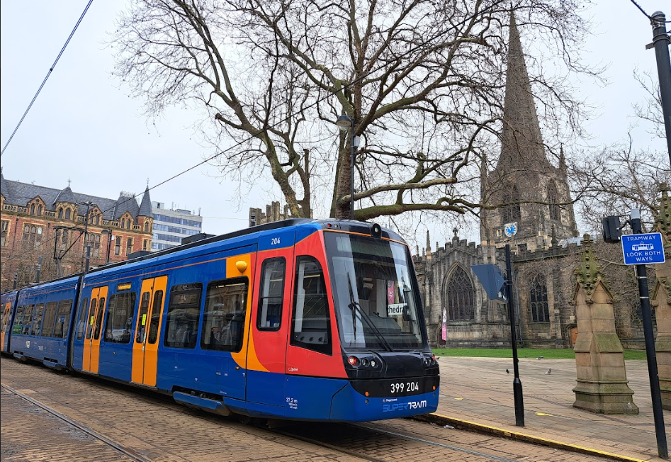 sheffield cathedral with a tram-train in front