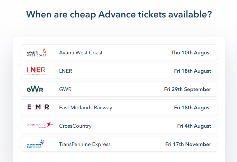 railsmartr website showing when cheapest train tickets are available