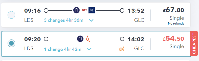 railsmartr site showing the cheapest option for travelling from leeds to glasgow