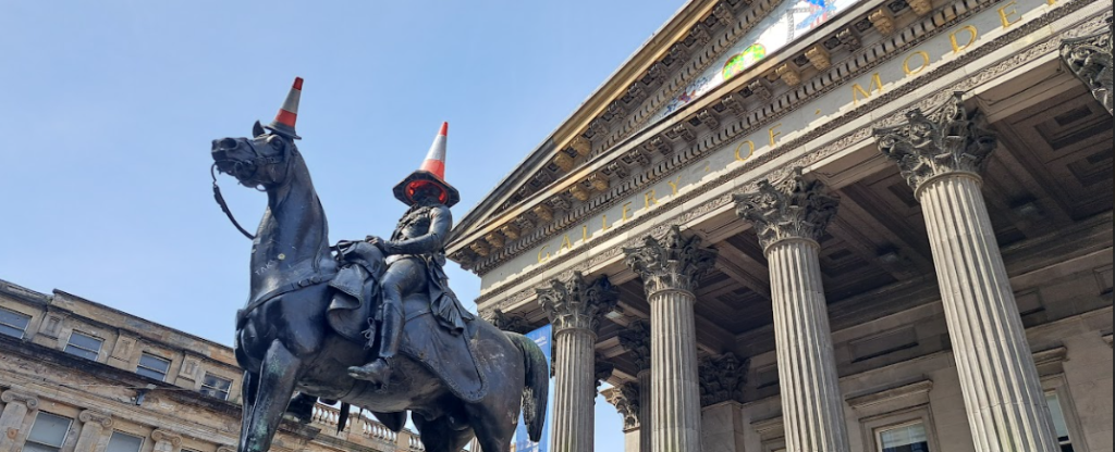 duke of wellington statue, showing a cone on both the duke and horse's heads