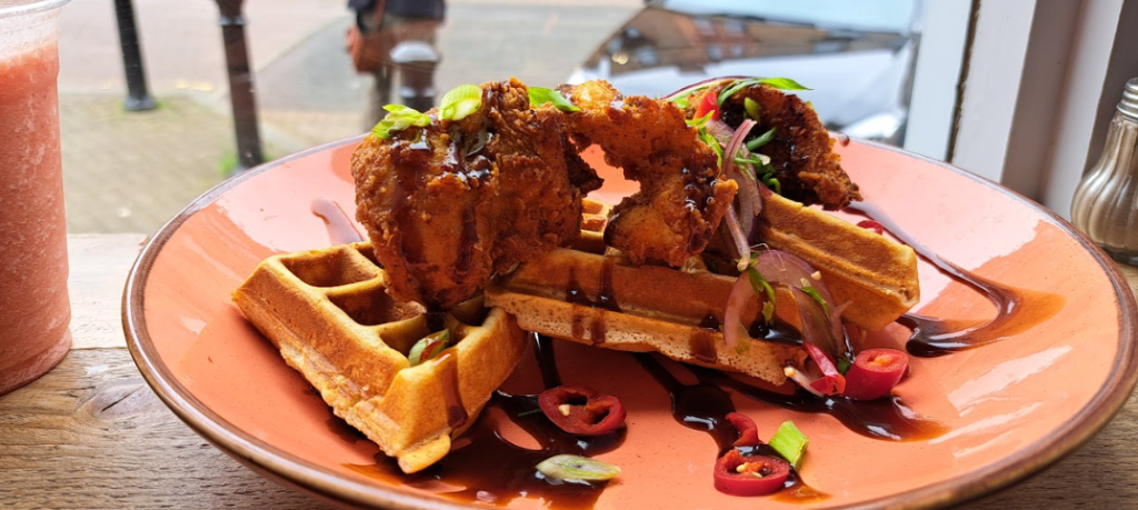chicken and waffles at the brunch club, glasgow