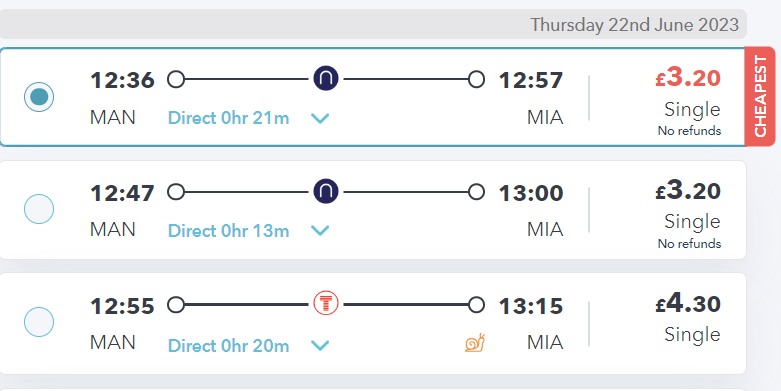 railsmartr website showing tickets from manchester picc to manchester airport
