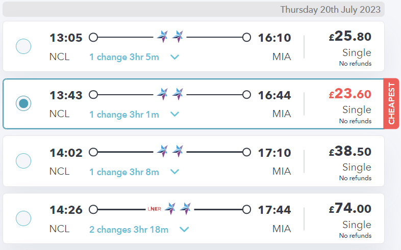 railsmartr website showing cheap train tickets to manchester airport from newcastle