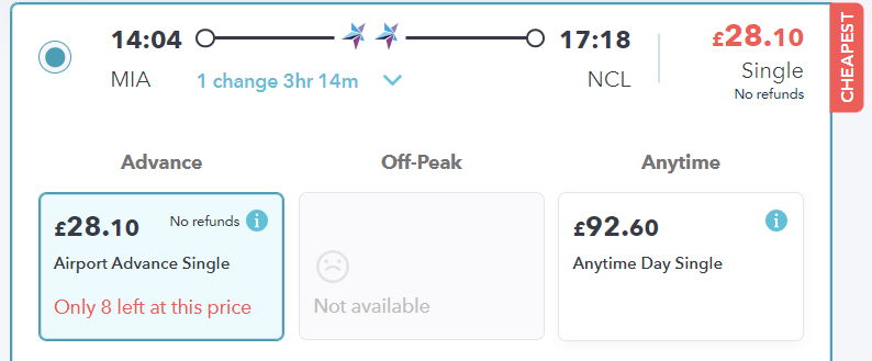 railsmartr website showing tickets from manchester airport