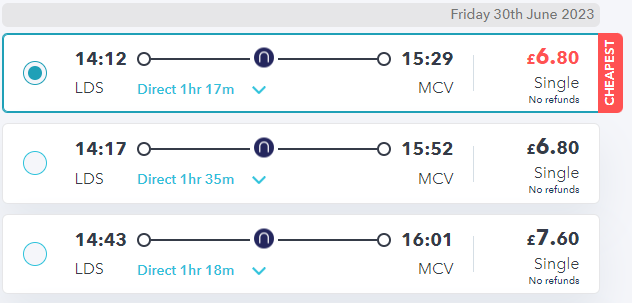 fares on the railsmartr website for northern leeds to manchester trains
