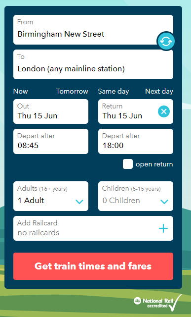 railsmartr homepage showing information entered for a birmingham to london journey