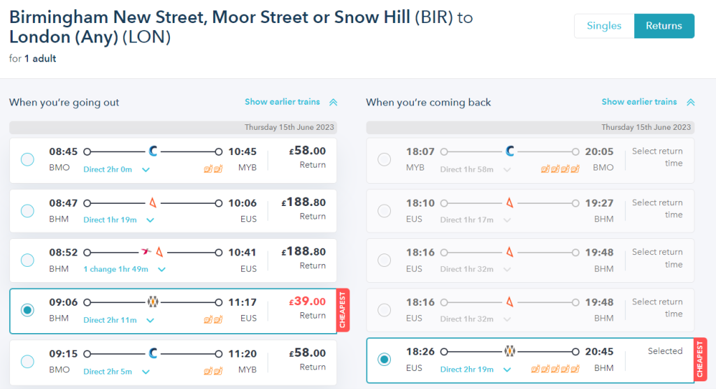 journey planning results page on railsmartr website