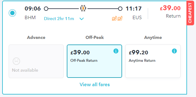 booking trains on railsmartr: the main fares available on the 0906 train from birmingham to london