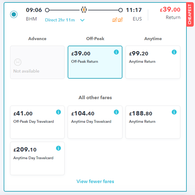 booking trains on railsmartr: all fares available on the 0906 train from birmingham to london