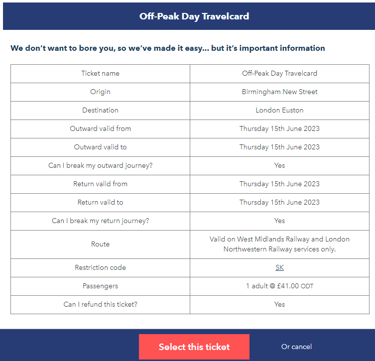 booking trains on railsmartr: information about a day travelcard from birmingham to london