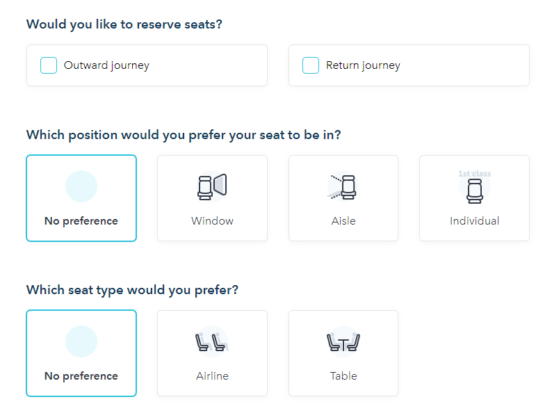 booking trains on railsmartr: selecting a seat preference