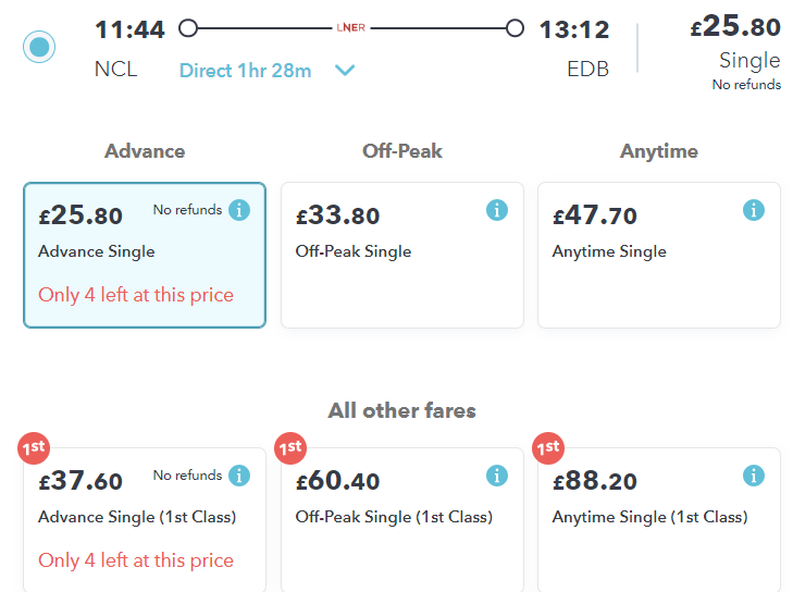 lner first class fares last minute for newcastle to edinburgh