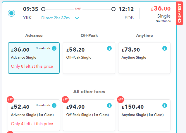 railsmartr website showing cheap first class train tickets from york to edinburgh