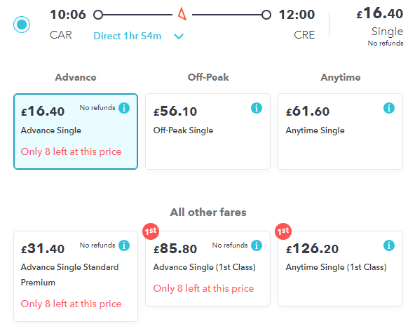 standard premium fares on avanti west coast on railsmartr website