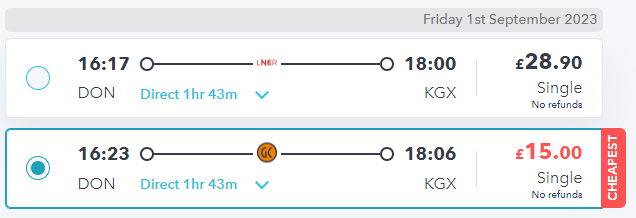 railsmartr website showing step 2 of booking cheap train tickets from leeds to london (grand central service from doncaster to london)