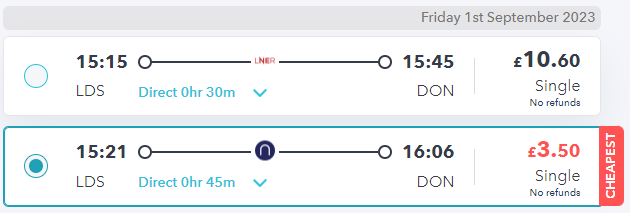 railsmartr website showing step 1 of booking cheap train tickets from leeds to london (northern service from leeds to doncaster)