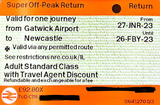 paper rail ticket with maltese cross symbol which is valid for crossing london by train