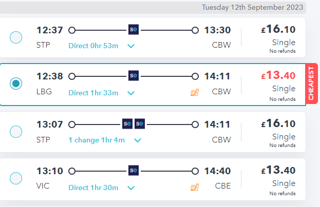 railsmartr website showing london to canterbury train prices