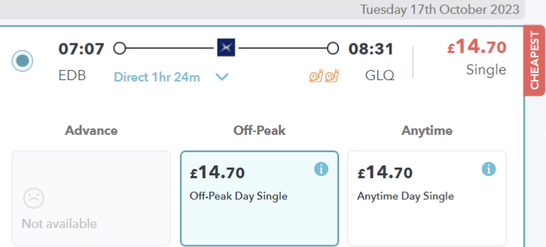 scotrail off-peak fares on railsmartr site. screenshot shows that anytime fare has been reduced to the same price as off-peak. 