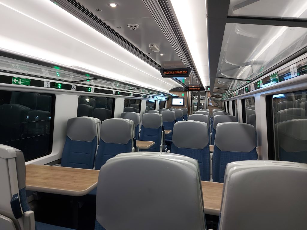 Interior of a TransPennine Express Liverpool to Glasgow train in Standard Class. 