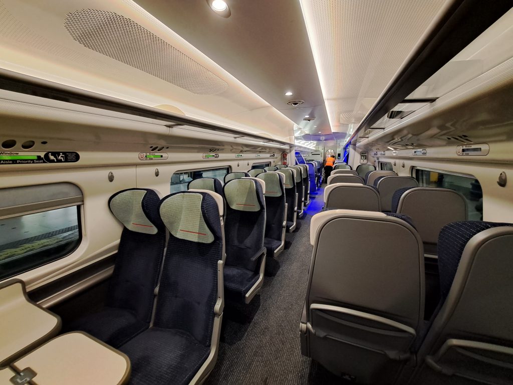 Interior of an Avanti West Coast train in Standard Class. 