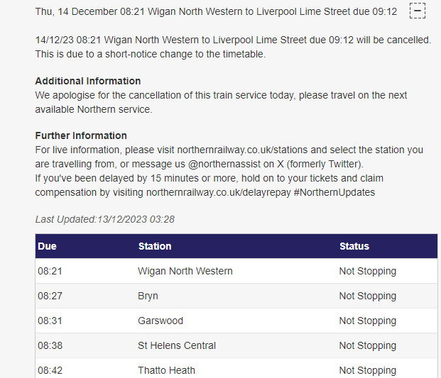 a short notice change to the timetable on the northern website