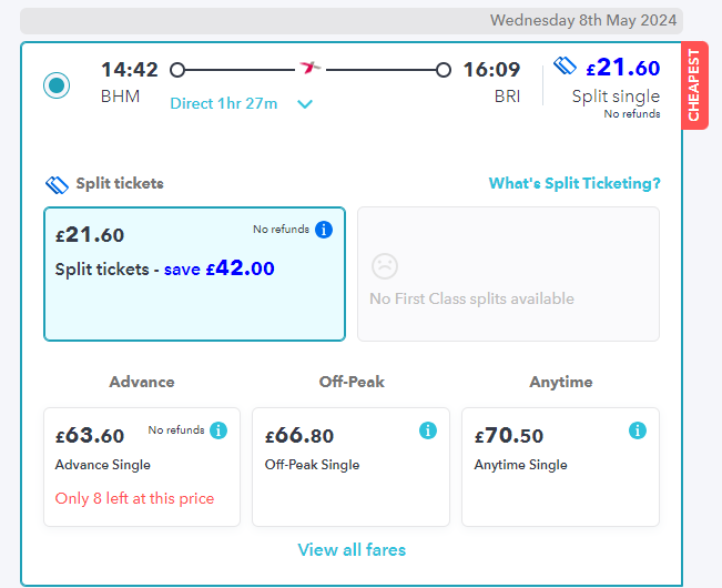 birmingham to bristol train fare on railsmartr site showing £42 saving with split tickets