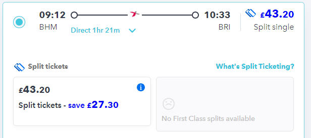 split ticket savings on railsmartr site for 0912 birmingham to bristol train