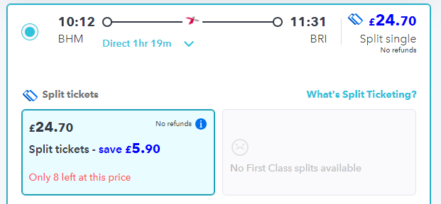 split ticket savings with advance tickets on railsmartr on a birmingham to bristol train