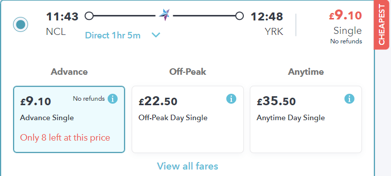 Ticket types on Railsmartr site, including ones where you can take an earlier train than booked