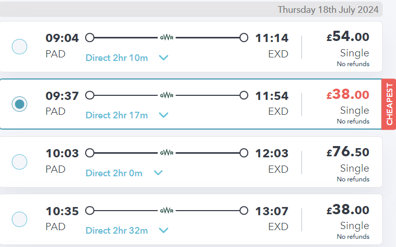 Trains from Paddington to Exeter on Railsmartr site