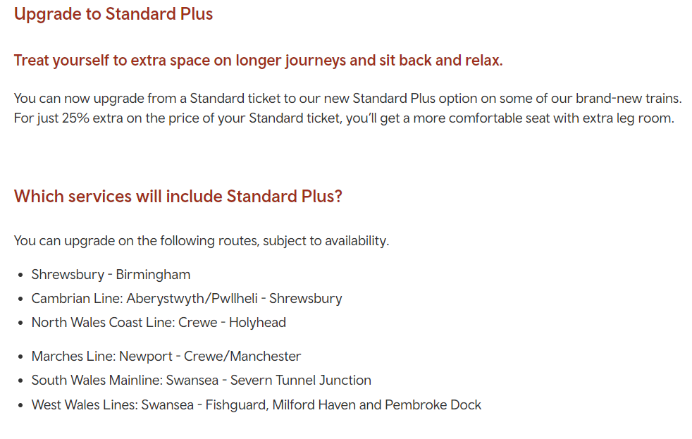 Transport for Wales Standard Plus info stated on their website