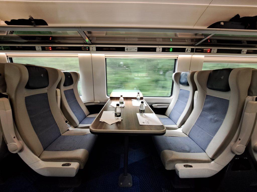 bottles of water at table in tpe first class